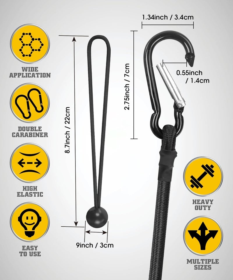 Digank Bungee Cords with Hooks – 12 Inch Elastic Tie Down Straps with Carabiner, 4 Ball Bungee Cords 8 Inch, Max Load 78 lbs for Car Trunk, Camping Gear, Bike Cargo, Garage Tools & Outdoor Storage– Black - Image 2